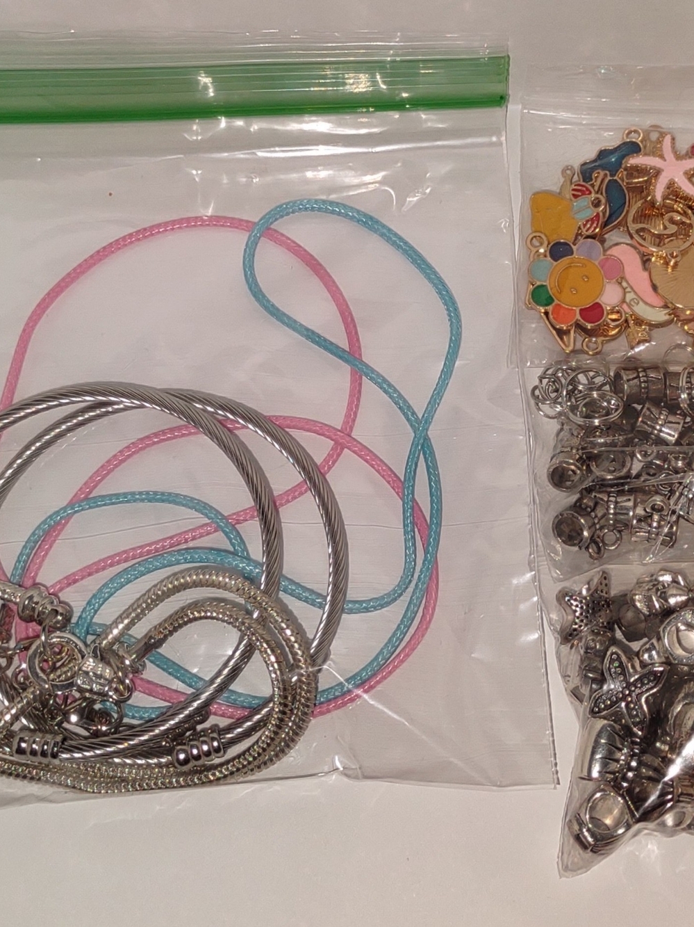 75+ Piece Kids Pink and Blue Cord Bracelet Set with Silver Charms